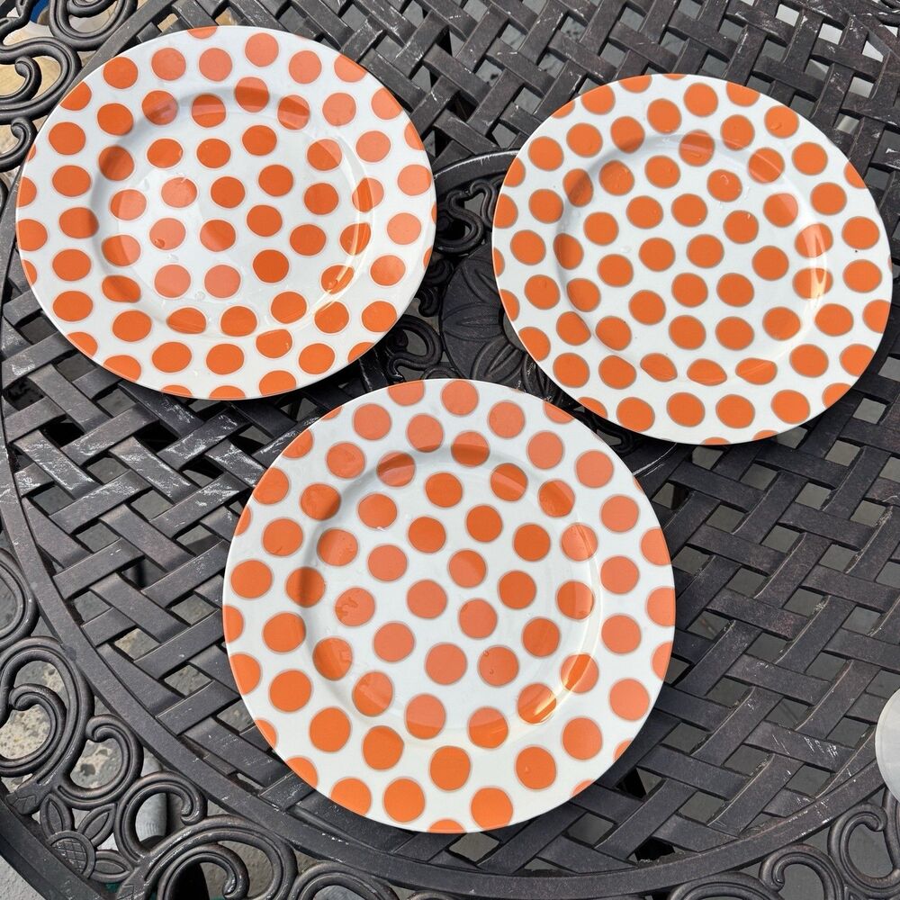 Marc Blackwell New York Dots Melon 11.5” Dinner Plates Set of 3 Orange Polka Dot